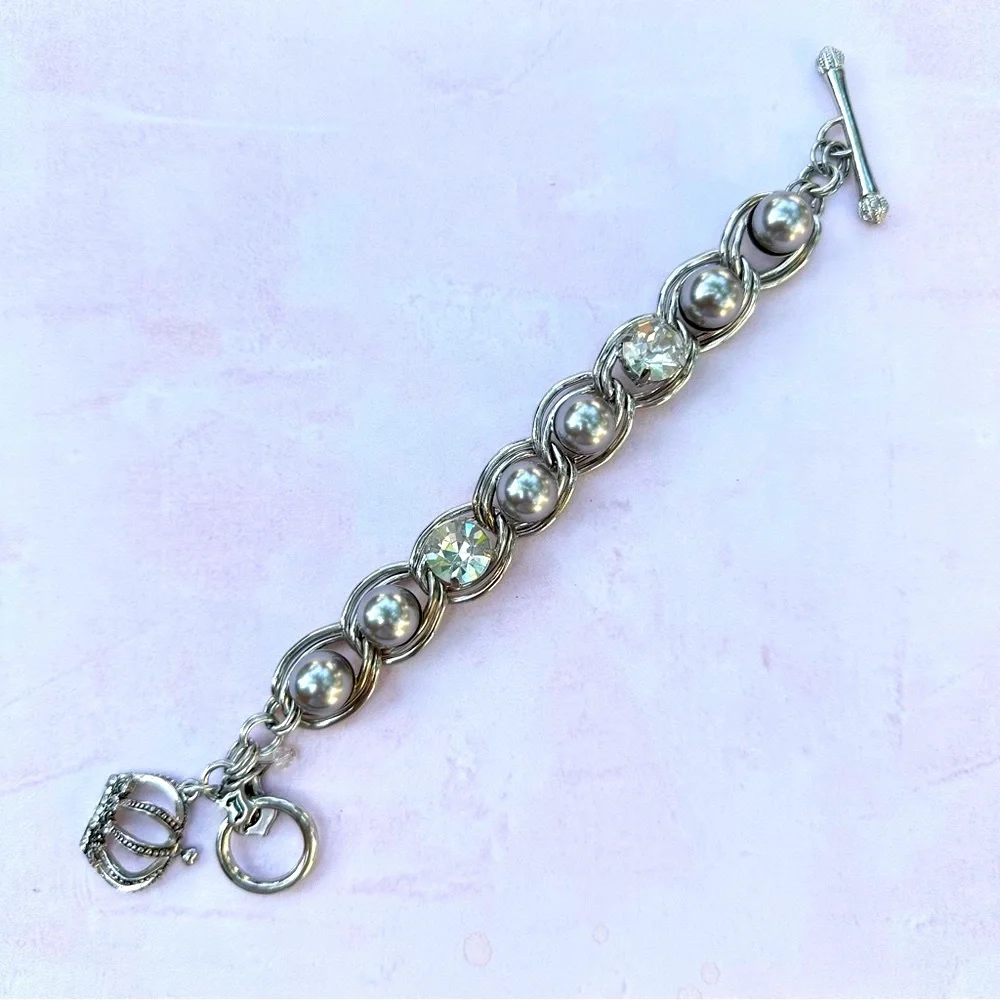 Juicy Couture Pearl Crystal Crown Charm Toggle Bracelet Silver Glam NWT